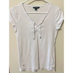 Lauren Ralph Lauren White Ribbed Lace up Short Sleeve top